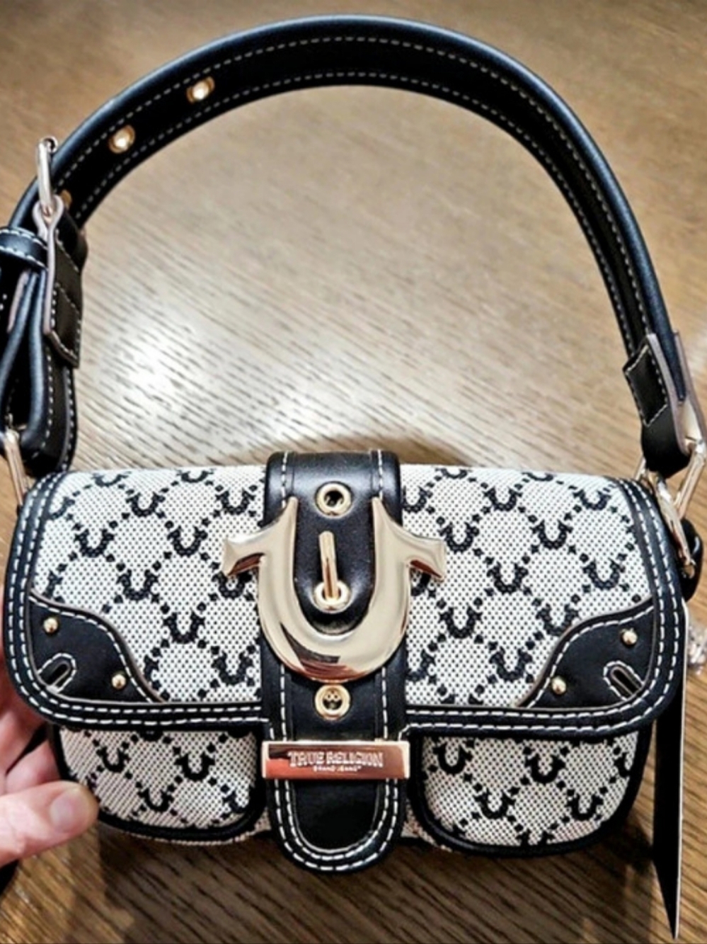 True Religion Signature Horseshoe Monogram Mini Bag Black Cream Silver NWT